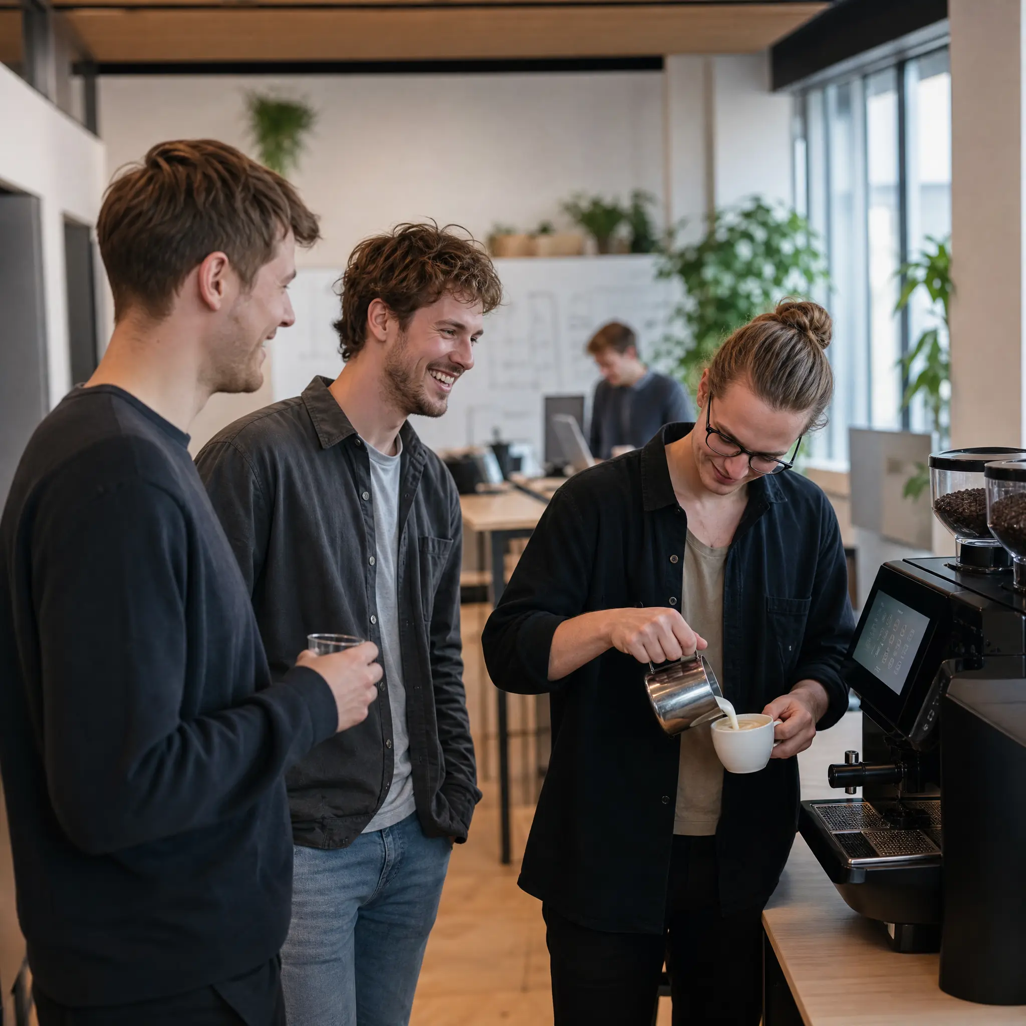 Gründer-Team in einer Kaffeepause im Wiener Startup-Büro mit Vollautomat